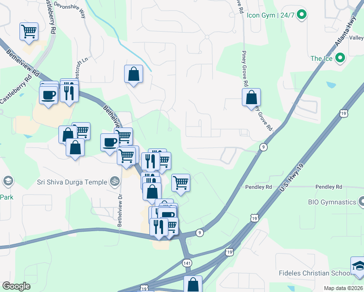 map of restaurants, bars, coffee shops, grocery stores, and more near 2420 Lexington Lane in Cumming