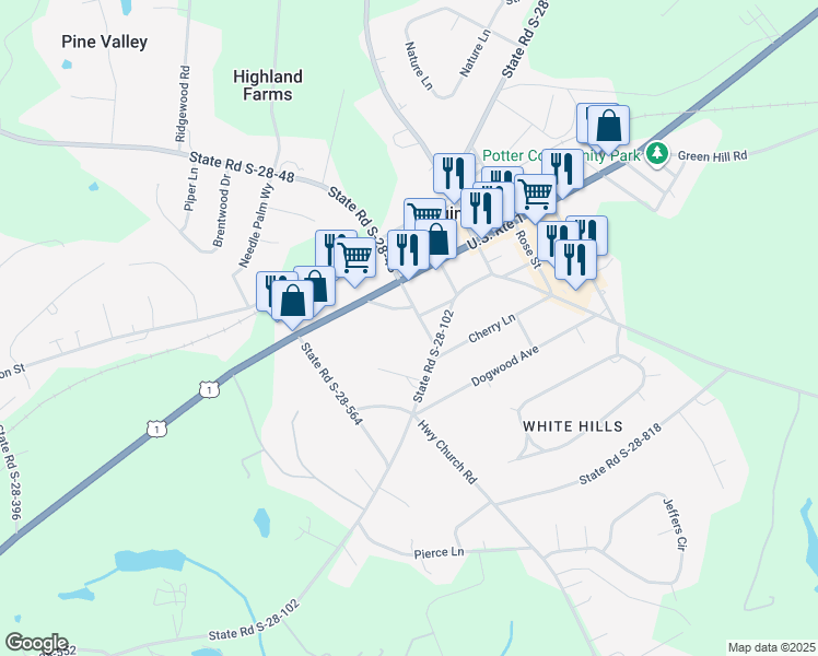 map of restaurants, bars, coffee shops, grocery stores, and more near 2367 State Road S-28-48 in Elgin
