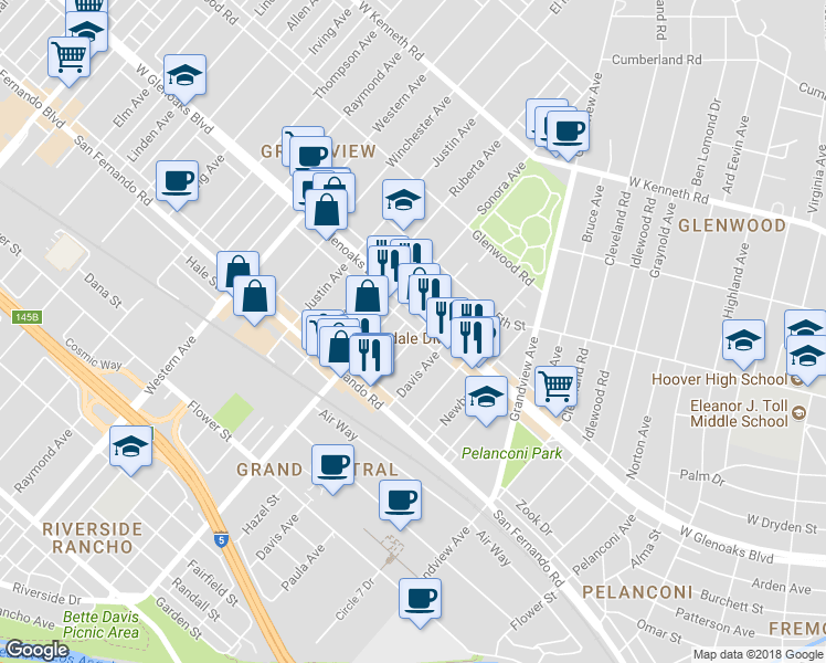 map of restaurants, bars, coffee shops, grocery stores, and more near 1069 Grover Avenue in Glendale