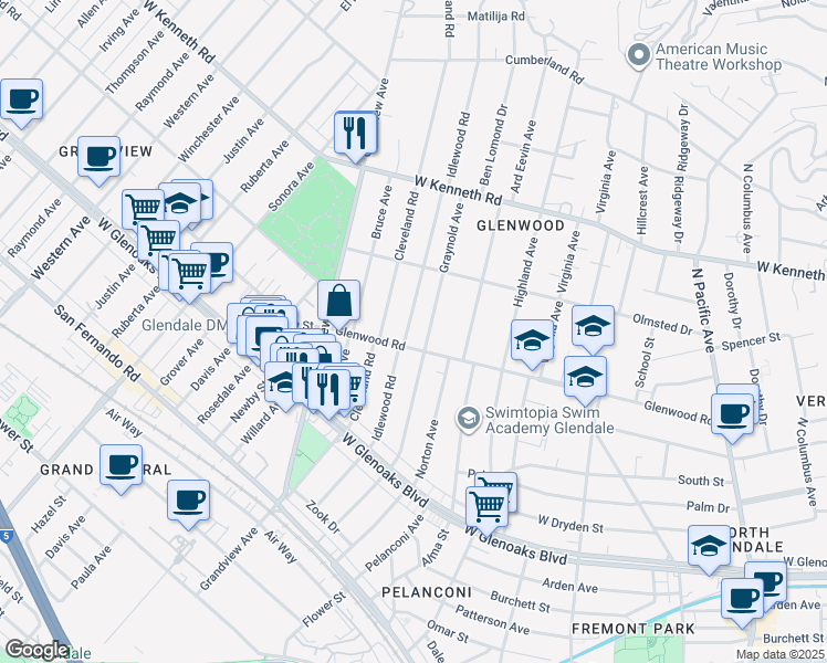 map of restaurants, bars, coffee shops, grocery stores, and more near 1310 Idlewood Road in Glendale
