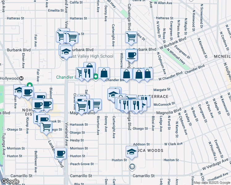 map of restaurants, bars, coffee shops, grocery stores, and more near 5319 Cartwright Avenue in Los Angeles