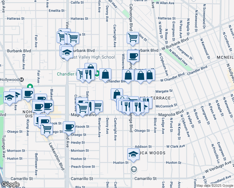 map of restaurants, bars, coffee shops, grocery stores, and more near 5309 Cartwright Avenue in Los Angeles