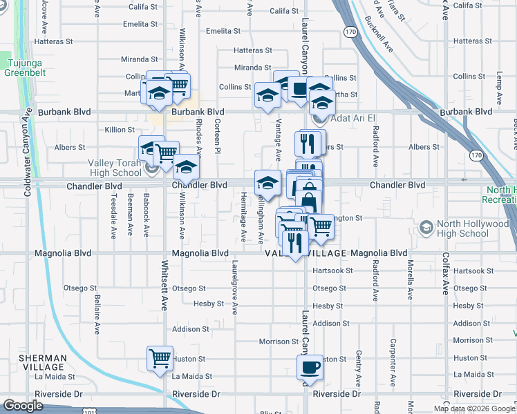 map of restaurants, bars, coffee shops, grocery stores, and more near in Los Angeles