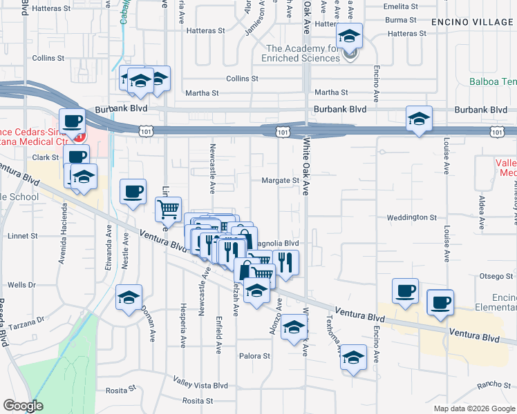 map of restaurants, bars, coffee shops, grocery stores, and more near 5310 Zelzah Avenue in Los Angeles
