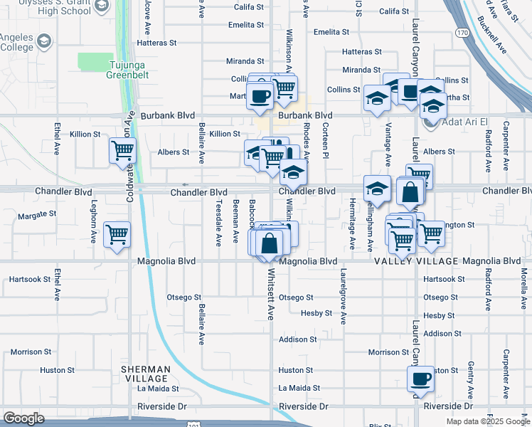 map of restaurants, bars, coffee shops, grocery stores, and more near 5319 Whitsett Avenue in Los Angeles