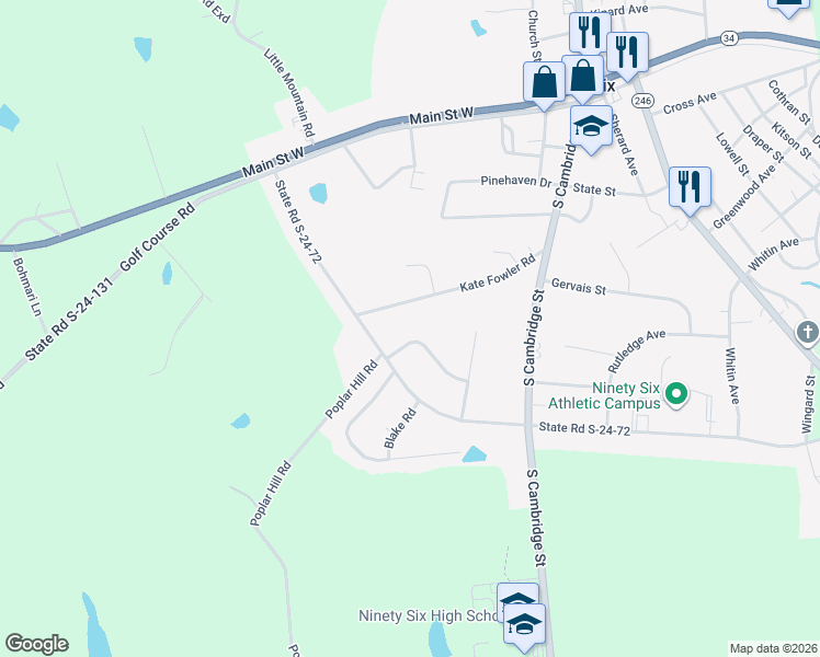 map of restaurants, bars, coffee shops, grocery stores, and more near 110 Dogwood Drive in Ninety Six