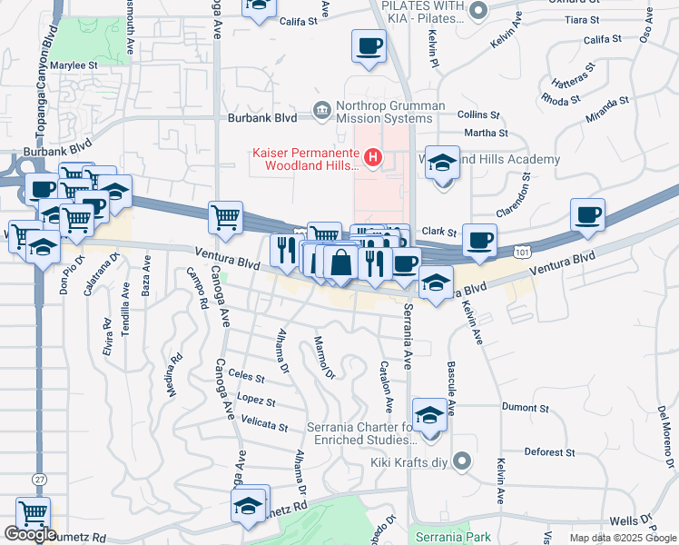 map of restaurants, bars, coffee shops, grocery stores, and more near 21021 Ventura Boulevard in Los Angeles