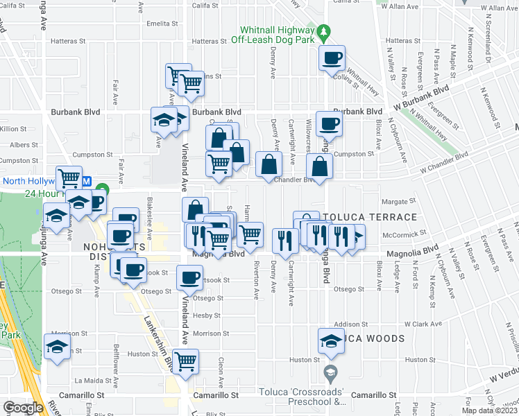 map of restaurants, bars, coffee shops, grocery stores, and more near 5315 Riverton Avenue in Los Angeles