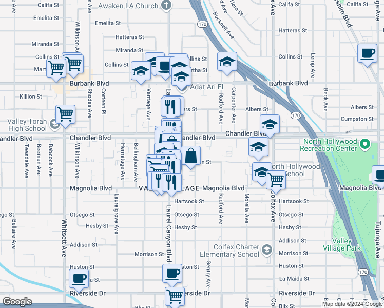 map of restaurants, bars, coffee shops, grocery stores, and more near 5319 Ben Avenue in Los Angeles