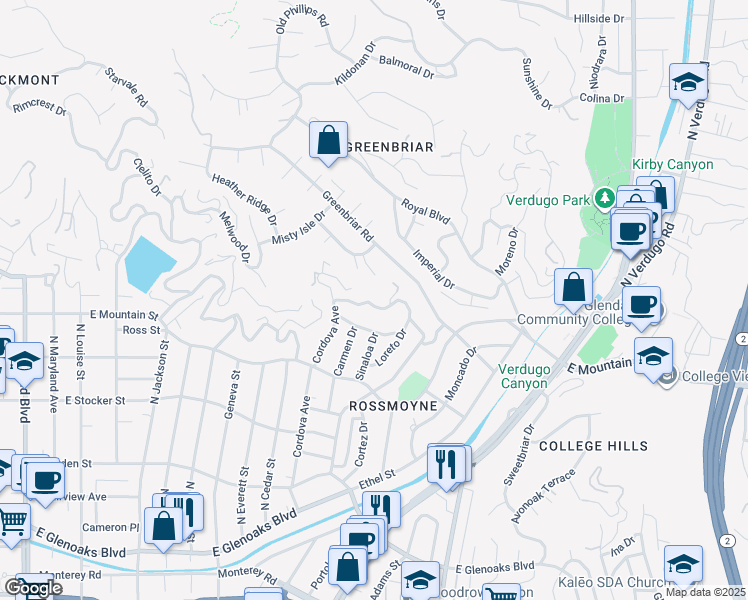 map of restaurants, bars, coffee shops, grocery stores, and more near 943 Hillcroft Road in Glendale