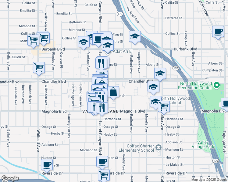 map of restaurants, bars, coffee shops, grocery stores, and more near 5319 Ben Avenue in Los Angeles