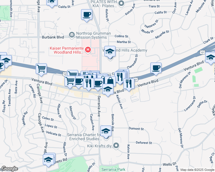 map of restaurants, bars, coffee shops, grocery stores, and more near 20841 Ventura Boulevard in Los Angeles