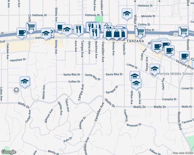 map of restaurants, bars, coffee shops, grocery stores, and more near 19201 Santa Rita Street in Los Angeles