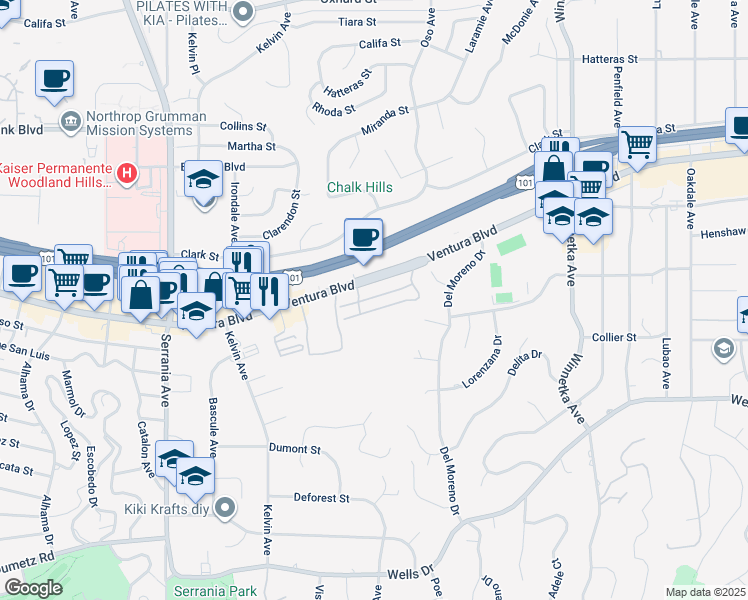 map of restaurants, bars, coffee shops, grocery stores, and more near 20544 Ventura Boulevard in Los Angeles