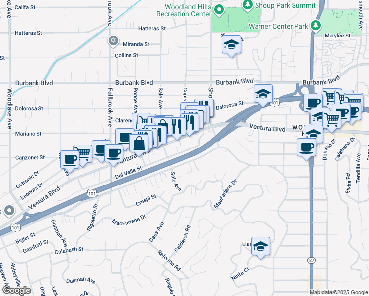 map of restaurants, bars, coffee shops, grocery stores, and more near 22501 Del Valle Street in Los Angeles