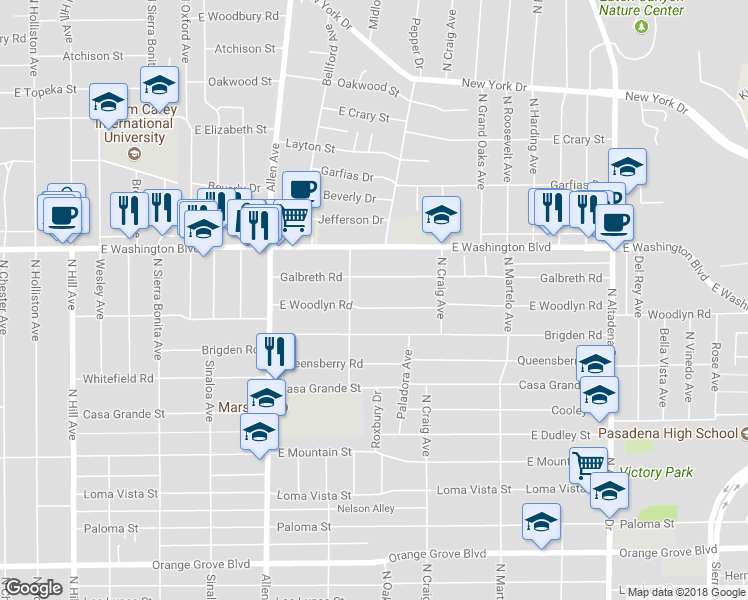 map of restaurants, bars, coffee shops, grocery stores, and more near 2025 East Woodlyn Road in Pasadena