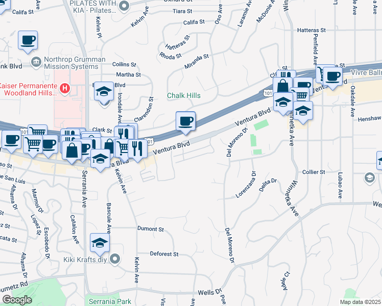 map of restaurants, bars, coffee shops, grocery stores, and more near 20544 Ventura Blvd in Woodland Hills