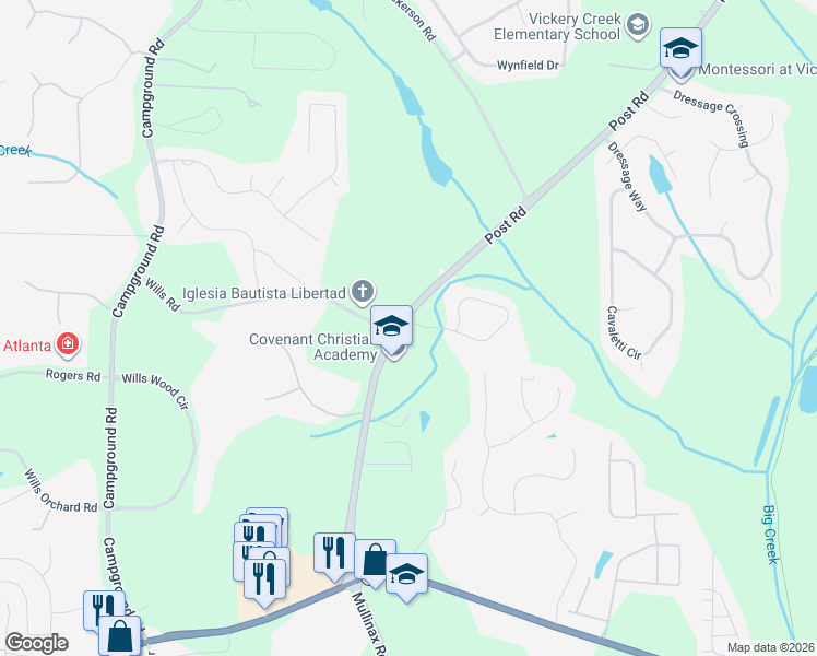 map of restaurants, bars, coffee shops, grocery stores, and more near 6810 Rocking Horse Lane in Cumming