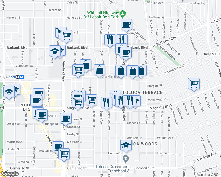 map of restaurants, bars, coffee shops, grocery stores, and more near 5319 Cartwright Avenue in Los Angeles