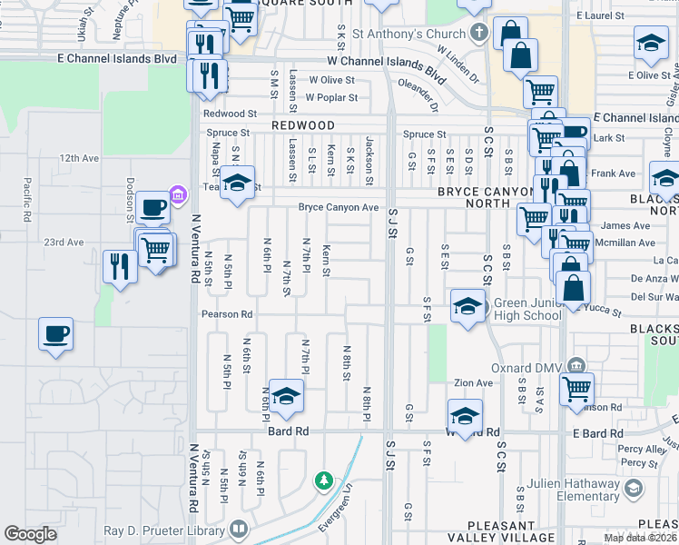 map of restaurants, bars, coffee shops, grocery stores, and more near 775 Thayer Lane in Port Hueneme