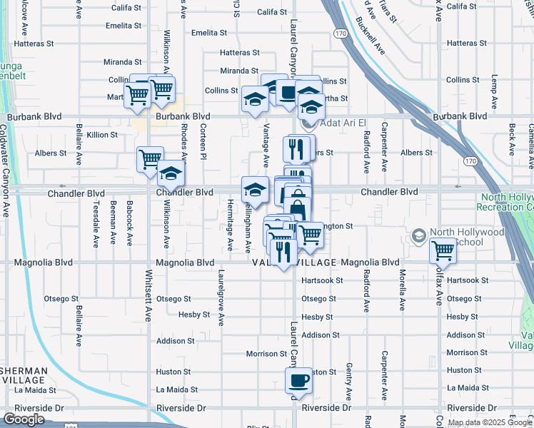 map of restaurants, bars, coffee shops, grocery stores, and more near 5306 Vantage Avenue in Los Angeles
