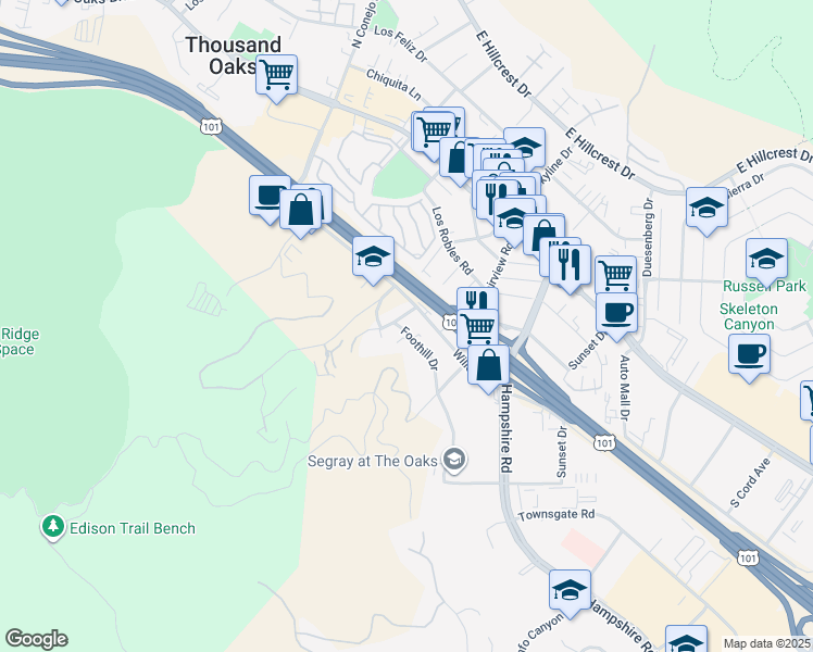 map of restaurants, bars, coffee shops, grocery stores, and more near 2905 Foothill Drive in Thousand Oaks