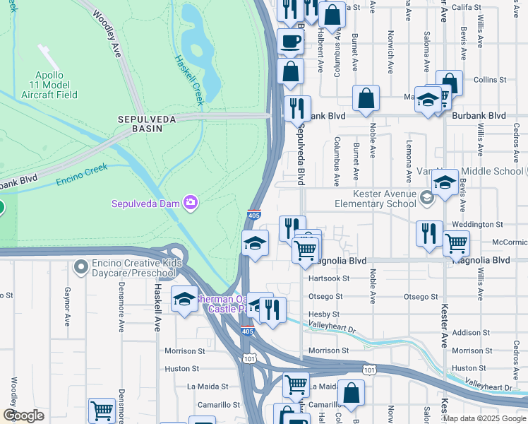 map of restaurants, bars, coffee shops, grocery stores, and more near 15353 Weddington Street in Los Angeles