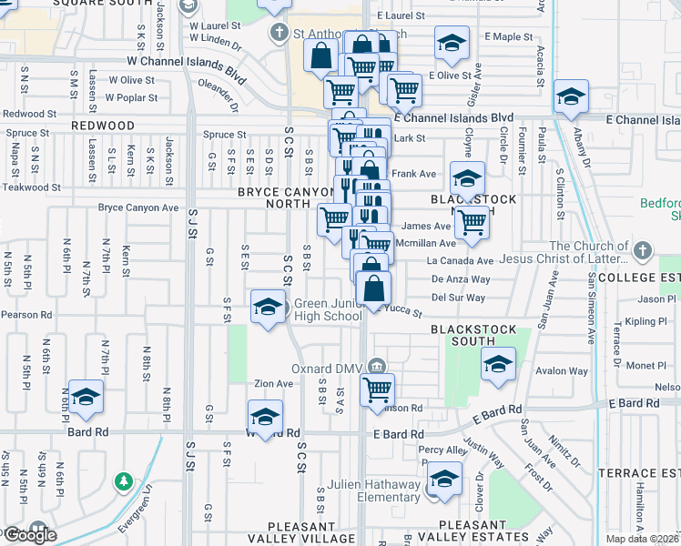 map of restaurants, bars, coffee shops, grocery stores, and more near 145 Homer Street in Oxnard