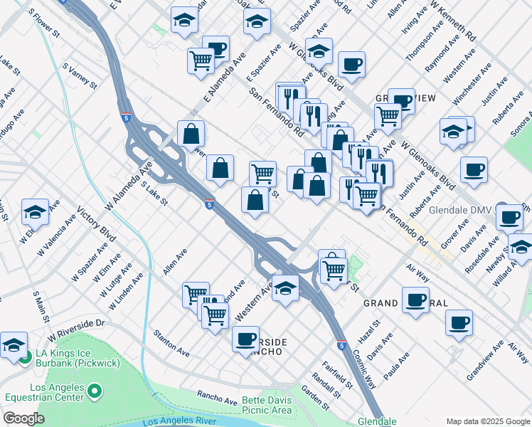 map of restaurants, bars, coffee shops, grocery stores, and more near 1806 Flower Street in Glendale