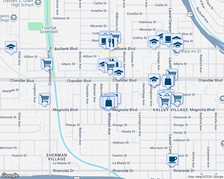 map of restaurants, bars, coffee shops, grocery stores, and more near 5309 Whitsett Avenue in Los Angeles