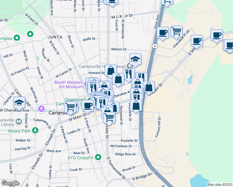 map of restaurants, bars, coffee shops, grocery stores, and more near 45 Stonewall Street in Cartersville