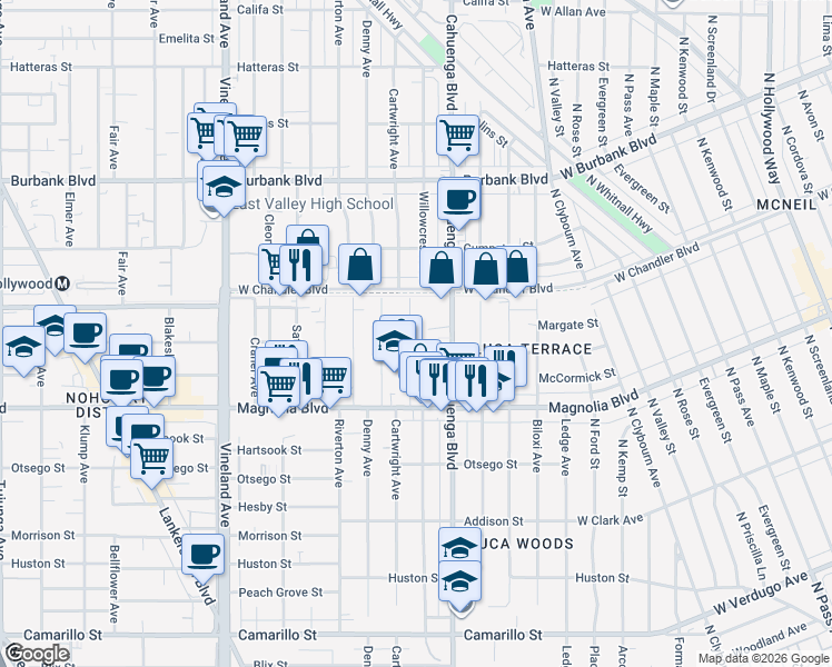 map of restaurants, bars, coffee shops, grocery stores, and more near 5320 Cartwright Avenue in Los Angeles