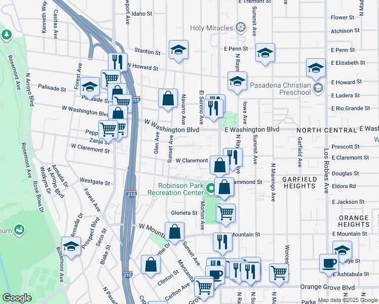 map of restaurants, bars, coffee shops, grocery stores, and more near in Pasadena