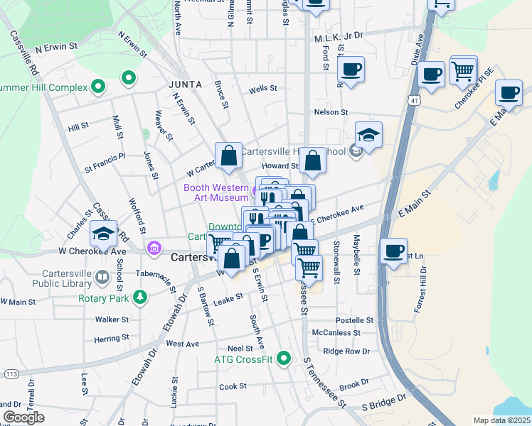 map of restaurants, bars, coffee shops, grocery stores, and more near 4 East Church Street in Acworth
