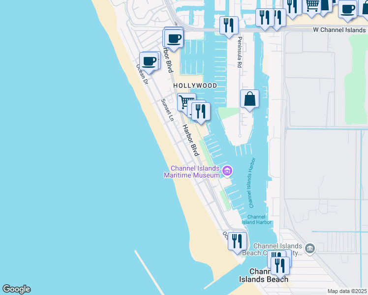 map of restaurants, bars, coffee shops, grocery stores, and more near 3645 Sunset Lane in Oxnard