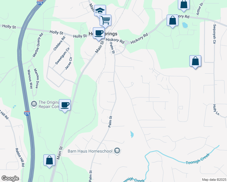 map of restaurants, bars, coffee shops, grocery stores, and more near 542 Palm Street in Holly Springs