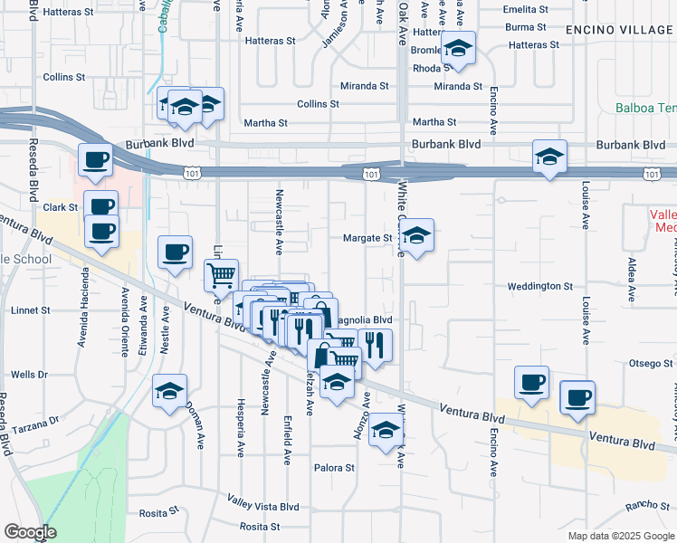 map of restaurants, bars, coffee shops, grocery stores, and more near 5330 Zelzah Avenue in Los Angeles