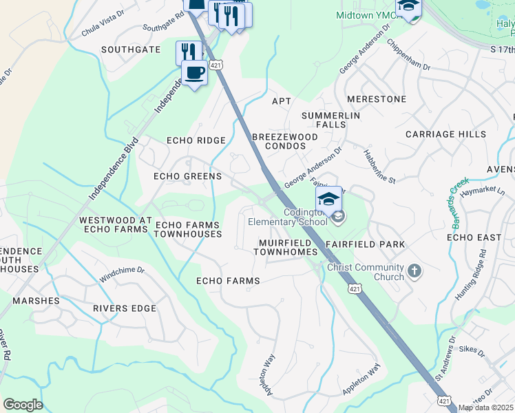 map of restaurants, bars, coffee shops, grocery stores, and more near 3215 Midvale Drive in Wilmington
