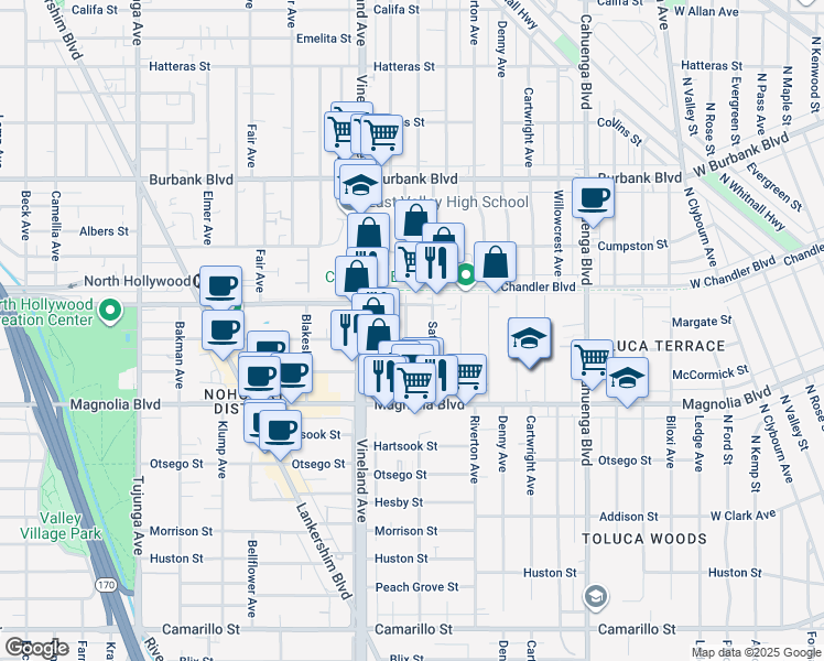 map of restaurants, bars, coffee shops, grocery stores, and more near 5308 Cleon Avenue in Los Angeles