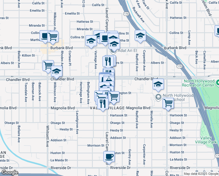 map of restaurants, bars, coffee shops, grocery stores, and more near 5304 Laurel Canyon Boulevard in Los Angeles