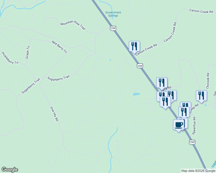 map of restaurants, bars, coffee shops, grocery stores, and more near 254 Cypress Trail in Broken Bow