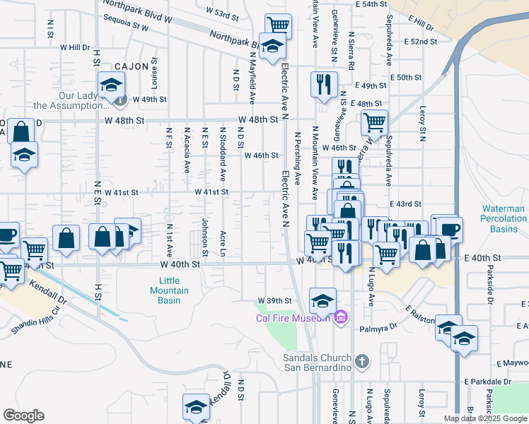 map of restaurants, bars, coffee shops, grocery stores, and more near 345 West 41st Street in San Bernardino