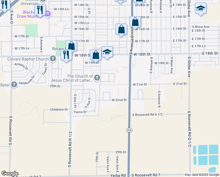map of restaurants, bars, coffee shops, grocery stores, and more near 2111 Dove Lane in Portales