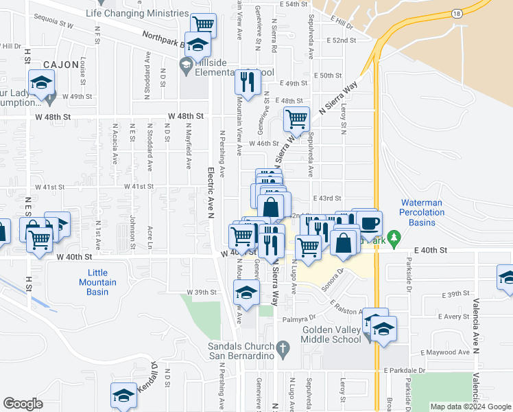 map of restaurants, bars, coffee shops, grocery stores, and more near 4219 North Mountain View Avenue in San Bernardino