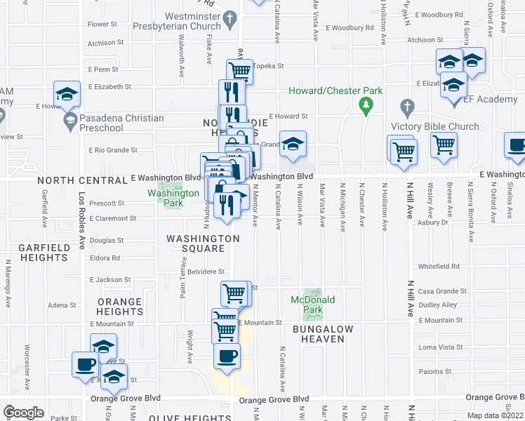 map of restaurants, bars, coffee shops, grocery stores, and more near 1243 North Mentor Avenue in Pasadena