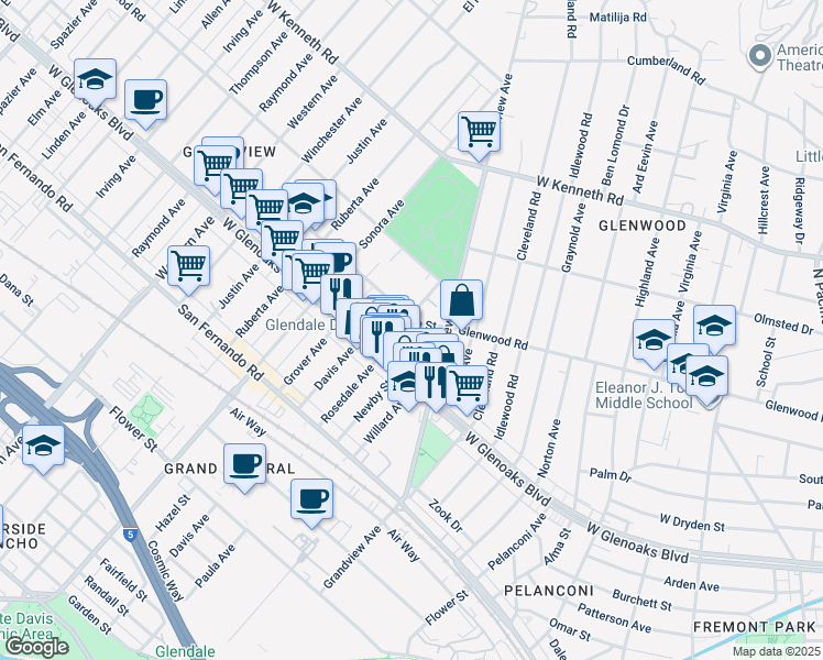 map of restaurants, bars, coffee shops, grocery stores, and more near 1120 Rosedale Avenue in Glendale
