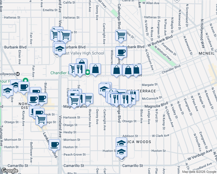 map of restaurants, bars, coffee shops, grocery stores, and more near 5309 Cartwright Avenue in Los Angeles