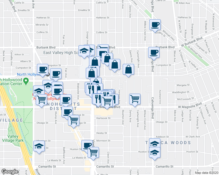 map of restaurants, bars, coffee shops, grocery stores, and more near 10868 Weddington Street in Los Angeles