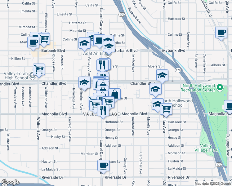 map of restaurants, bars, coffee shops, grocery stores, and more near 5308 Agnes Avenue in Los Angeles