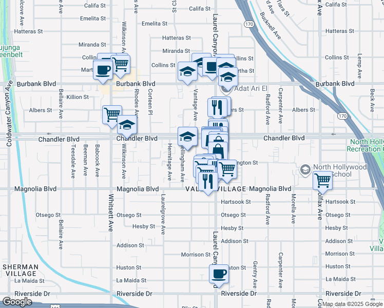 map of restaurants, bars, coffee shops, grocery stores, and more near 5306 Vantage Avenue in Los Angeles